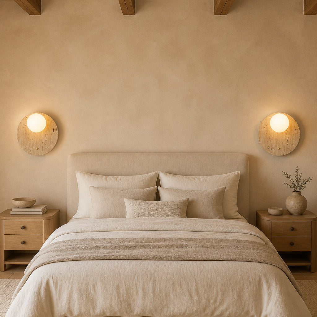 Applique murale en travertin et globe en verre, ronde ou verticale