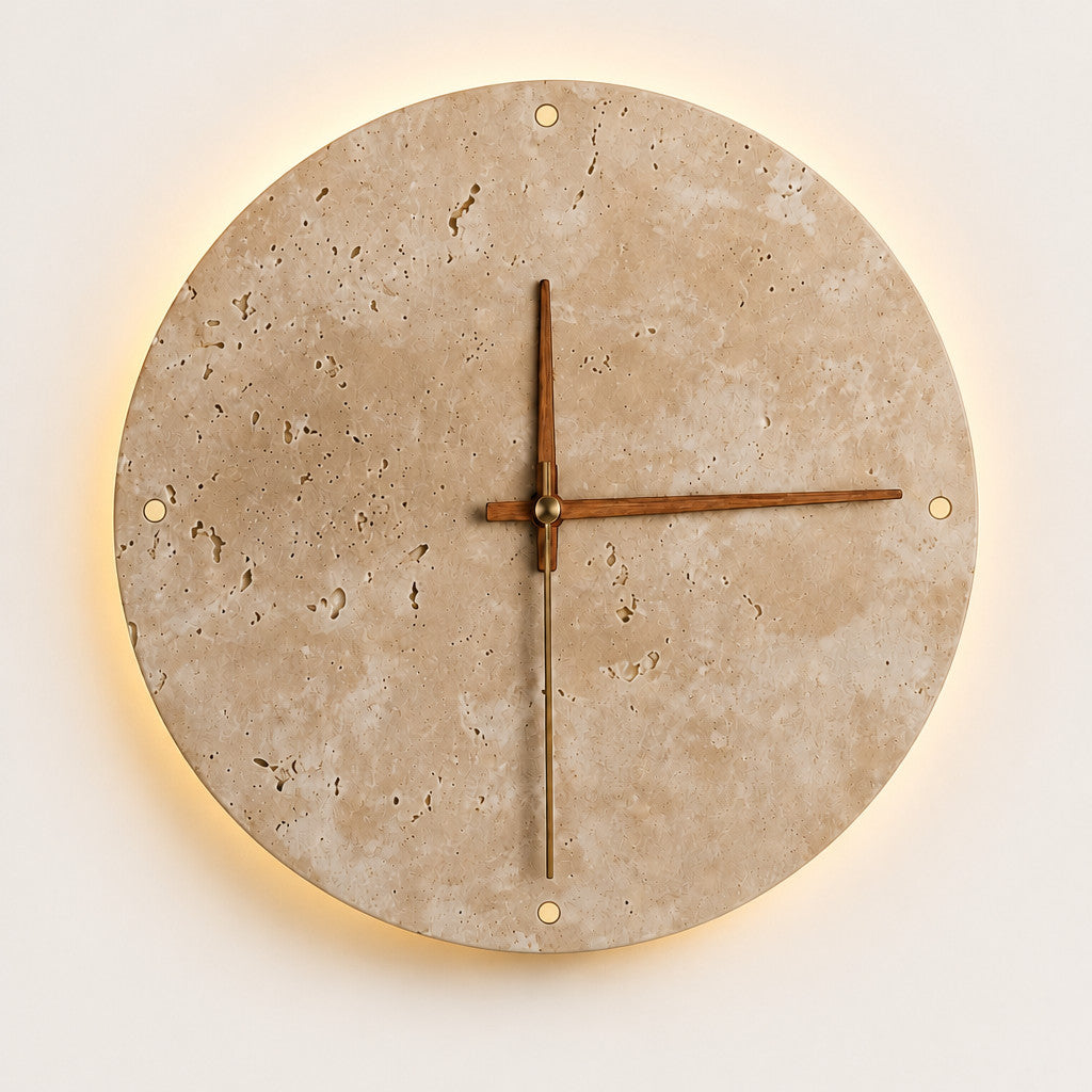 Applique murale horloge en travertin avec LED, 23 ou 30 cm