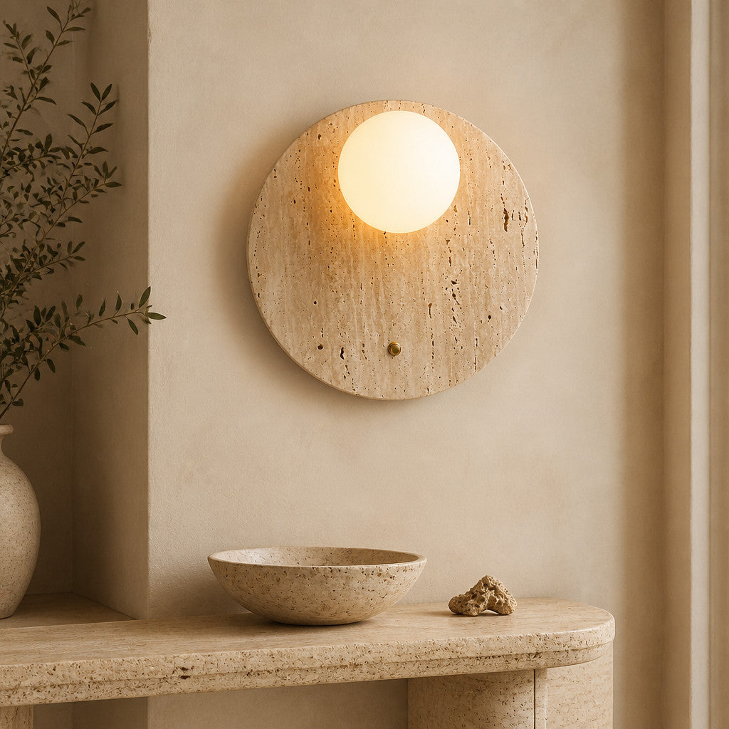 Applique murale en travertin et globe en verre, ronde ou verticale