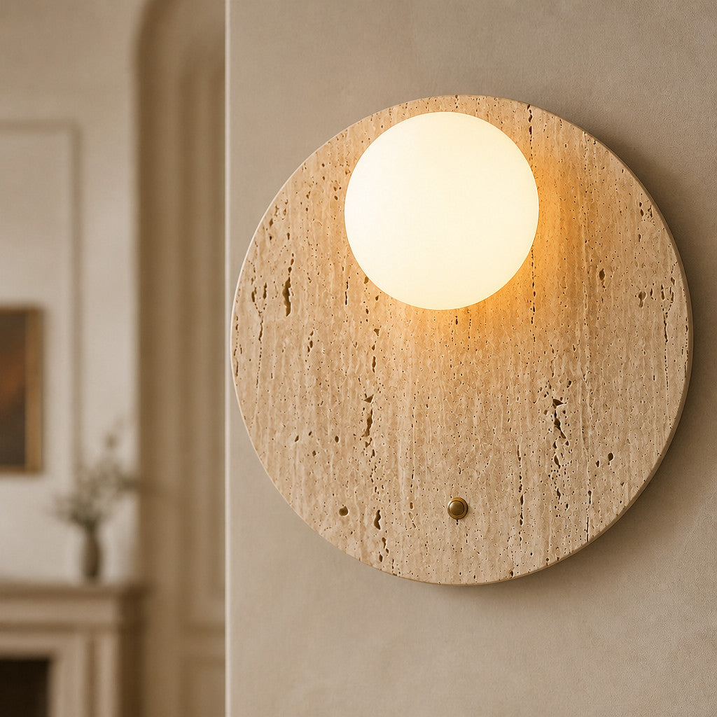 Applique murale en travertin et globe en verre, ronde ou verticale