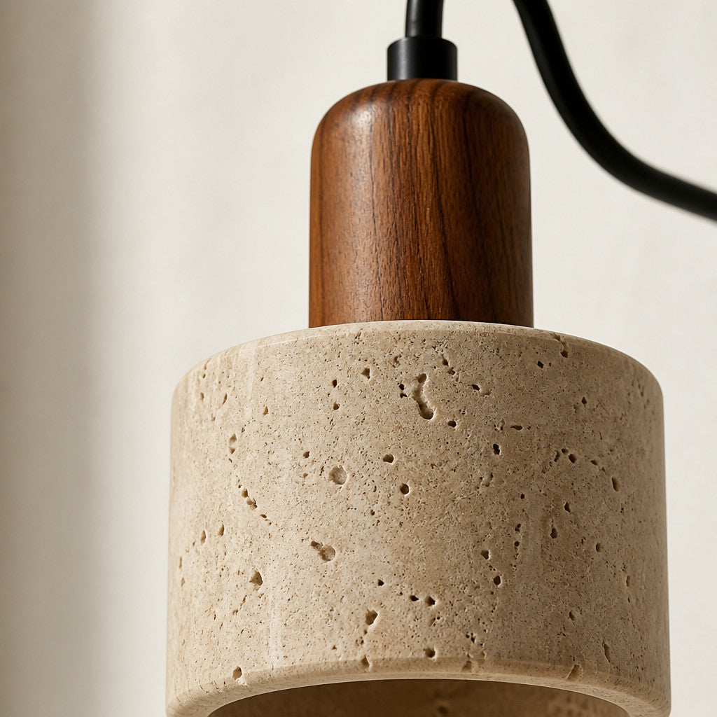 Applique murale verticale en travertin et bois, bras courbé, LED 3 000 K