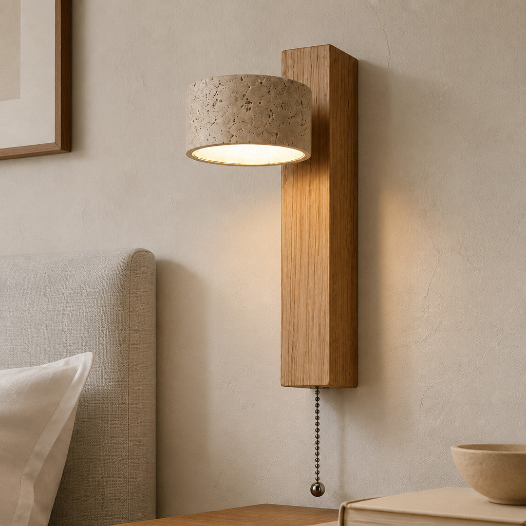 Applique murale orientable en travertin et bois, interrupteur à tirette