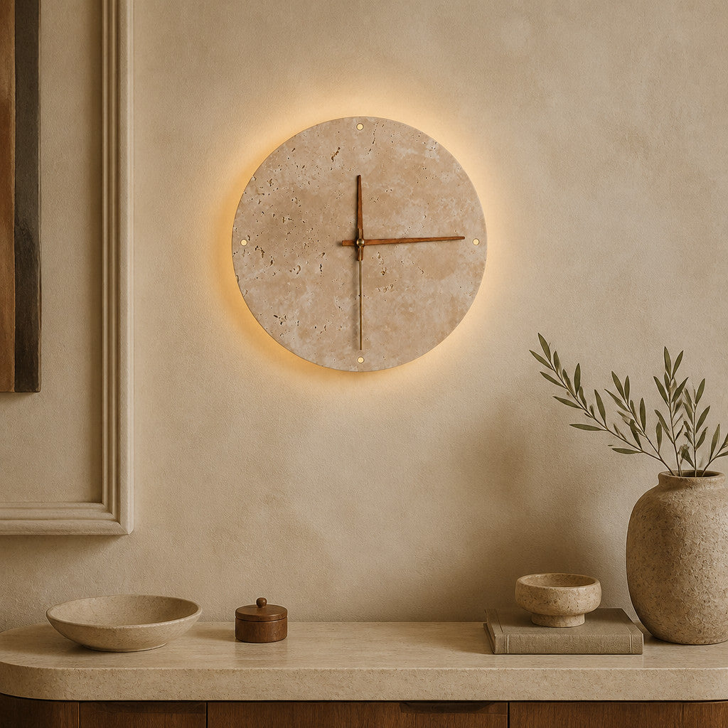 Applique murale horloge en travertin avec LED, 23 ou 30 cm