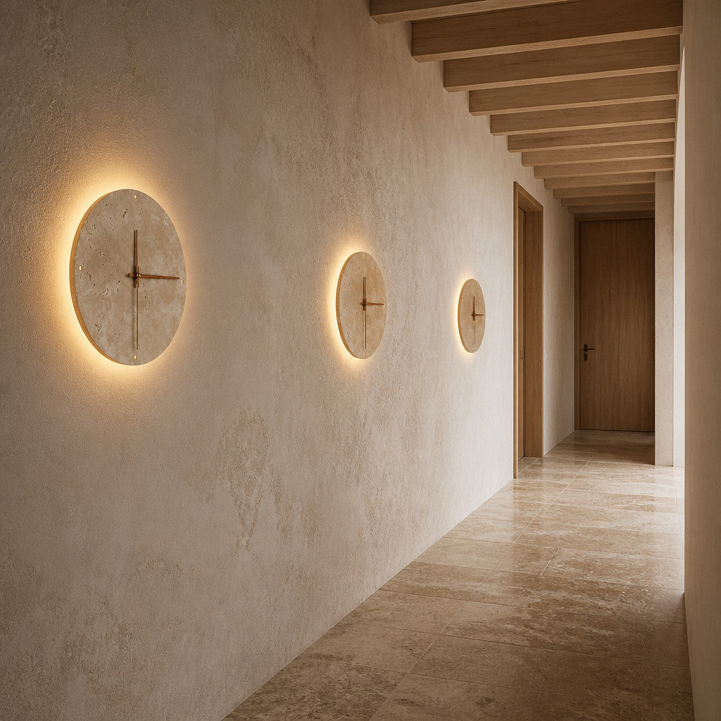 Applique murale horloge en travertin avec LED, 23 ou 30 cm