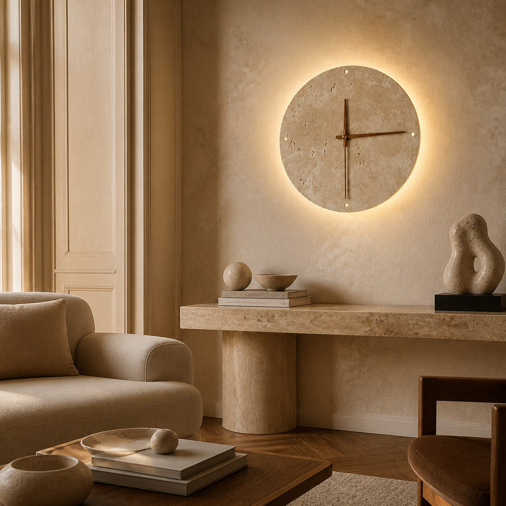 Applique murale horloge en travertin avec LED, 23 ou 30 cm