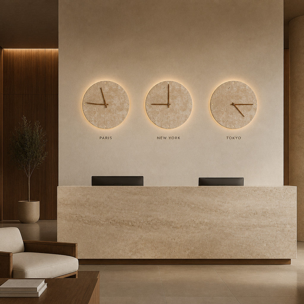 Applique murale horloge en travertin avec LED, 23 ou 30 cm