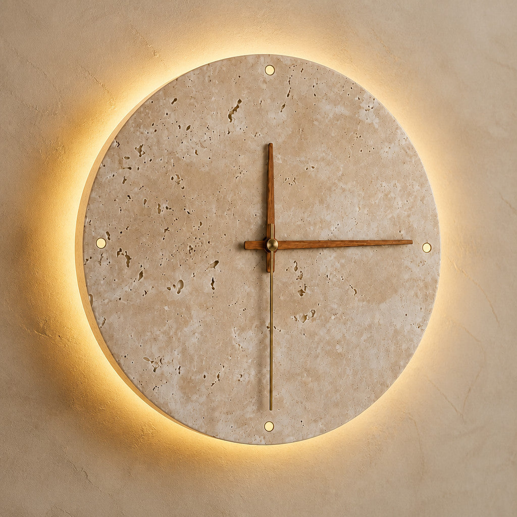 Applique murale horloge en travertin avec LED, 23 ou 30 cm