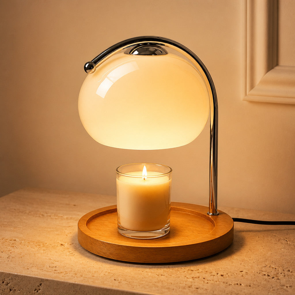 Lampe à poser lanterne en verre teinté avec fonction chauffe-bougie