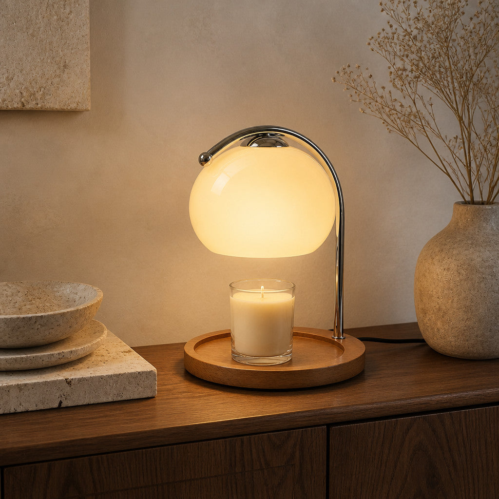 Lampe à poser lanterne en verre teinté avec fonction chauffe-bougie