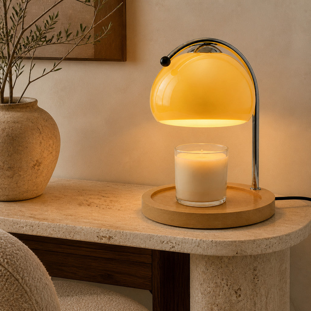 Lampe à poser lanterne en verre teinté avec fonction chauffe-bougie