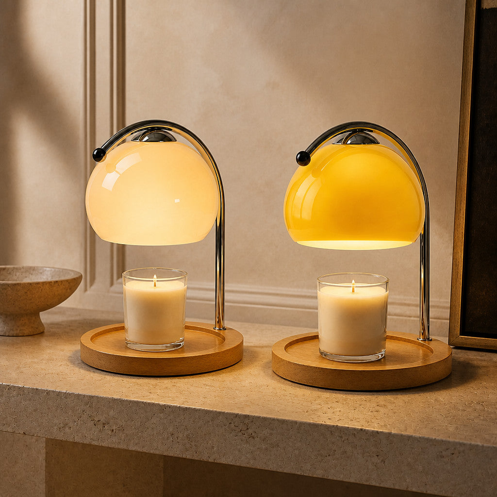 Lampe à poser lanterne en verre teinté avec fonction chauffe-bougie
