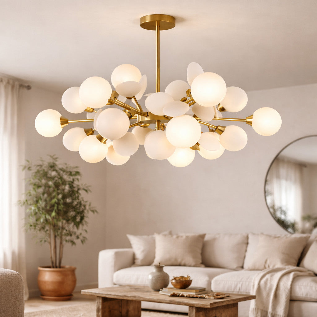 Lustre multi-branches en verre et fer, 10 ou 12 globes, blanc ou coloré