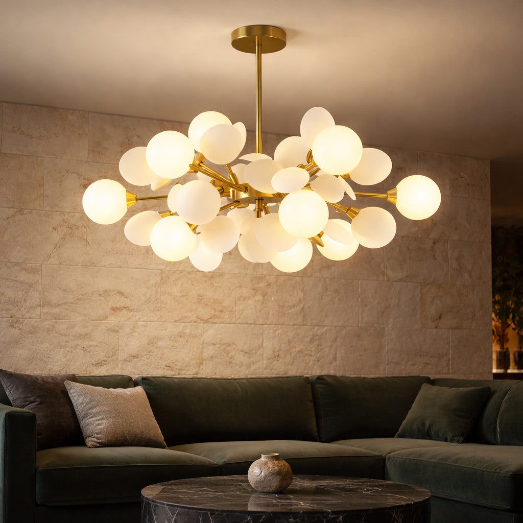 Lustre multi-branches en verre et fer, 10 ou 12 globes, blanc ou coloré