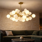 Lustre multi-branches en verre et fer, 10 ou 12 globes, blanc ou coloré