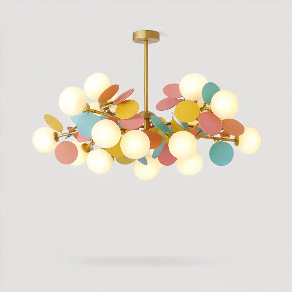 Lustre multi-branches en verre et fer, 10 ou 12 globes, blanc ou coloré