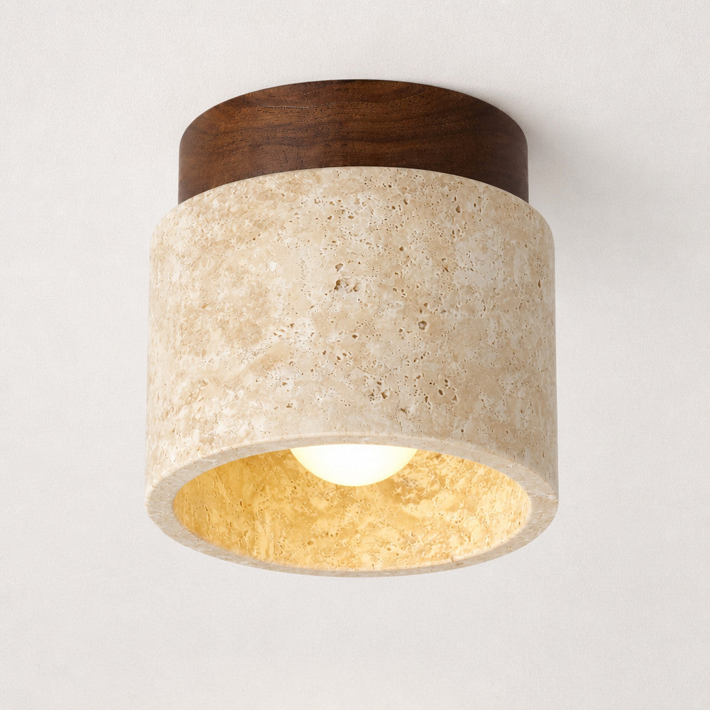 Plafonnier LED rond en plâtre givré et bois, intensité variable