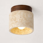 Plafonnier LED rond en plâtre givré et bois, intensité variable