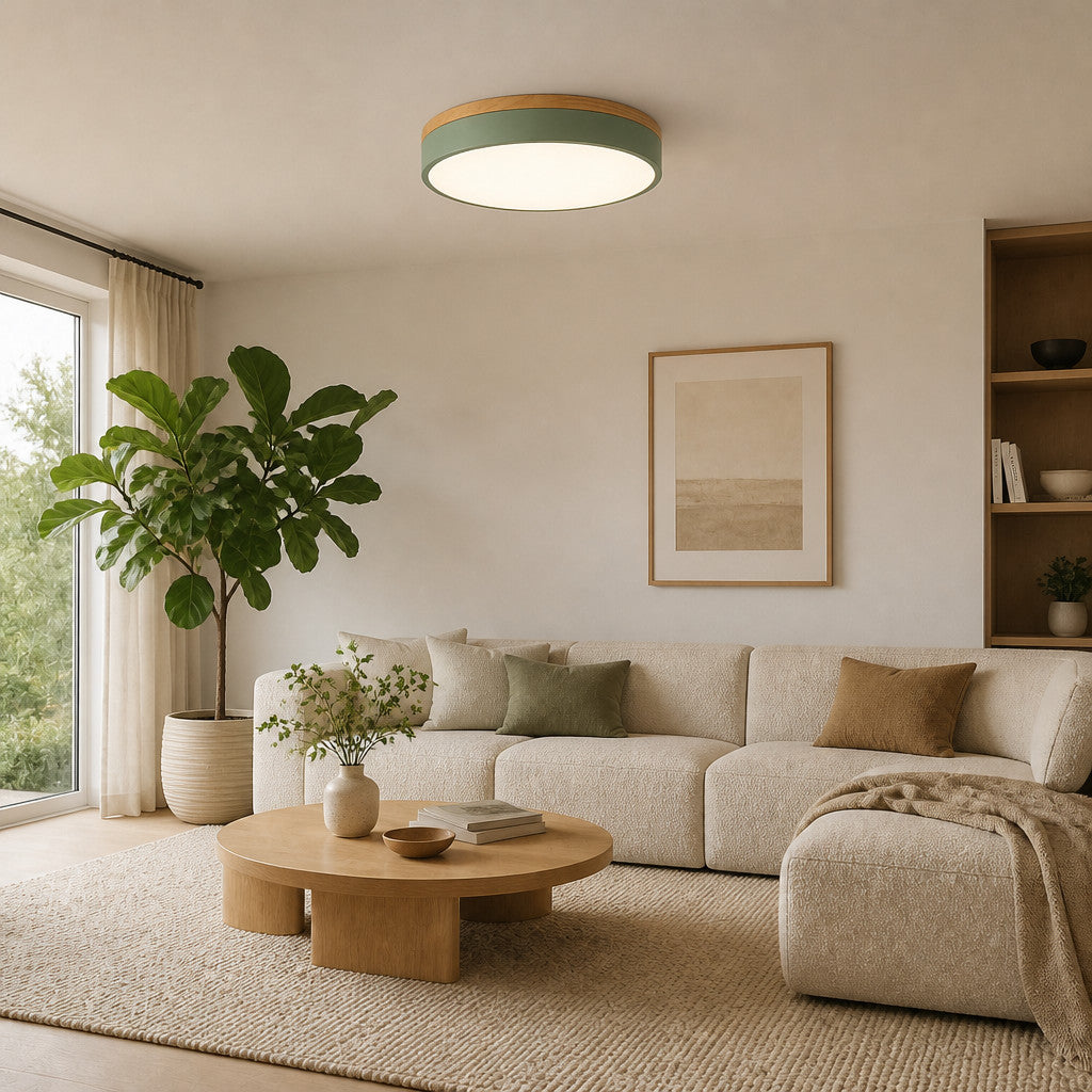 Plafonnier LED rond en fer, bois et acrylique, Ø 30, 40 ou 50 cm
