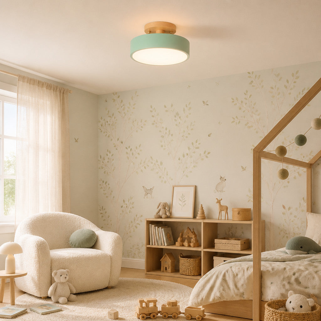 Plafonnier LED rond Ø 18 cm en aluminium et bois, ruban LED tricolore