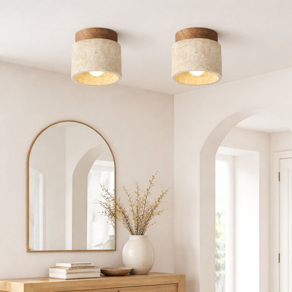 Plafonnier LED rond en plâtre givré et bois, intensité variable