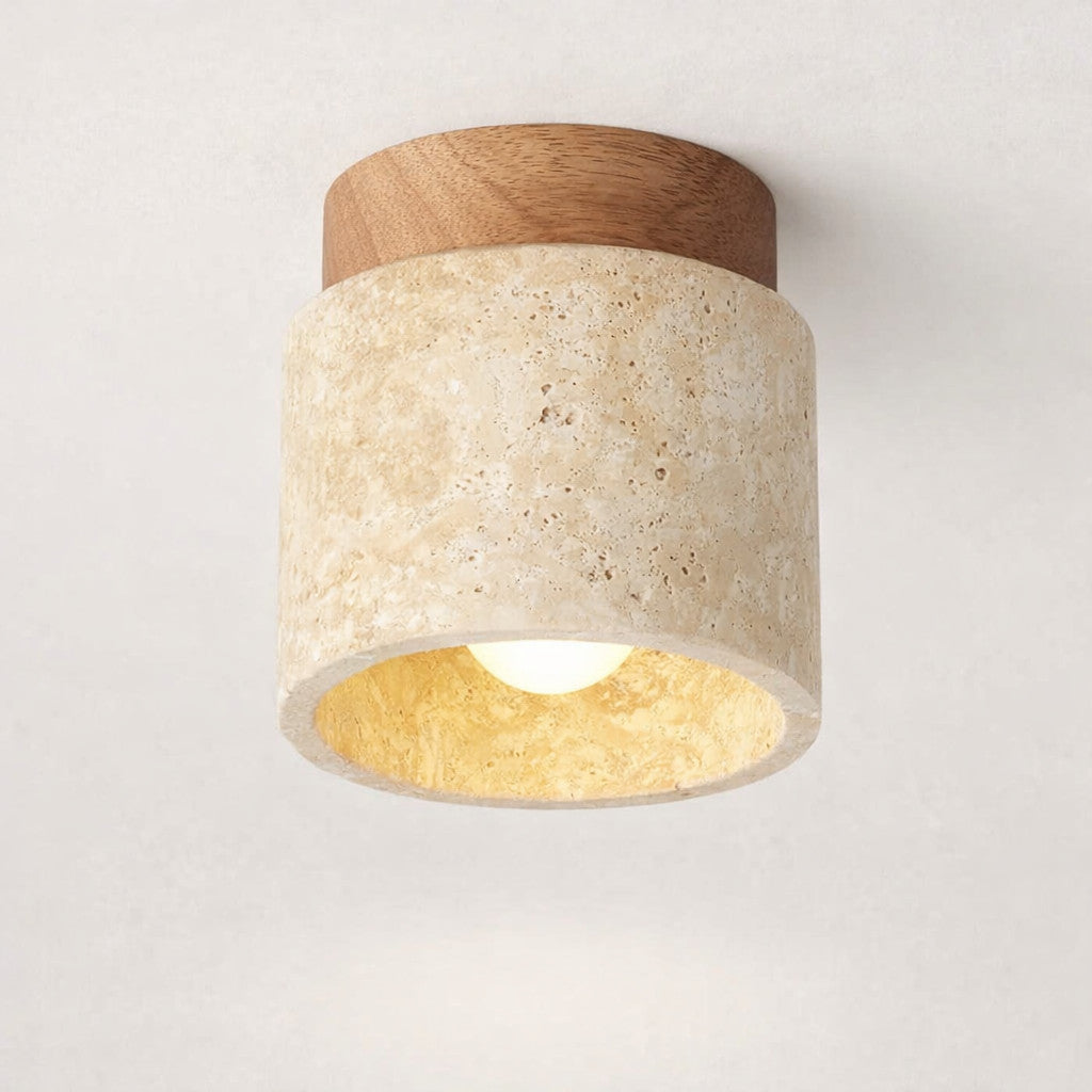 Plafonnier LED rond en plâtre givré et bois, intensité variable