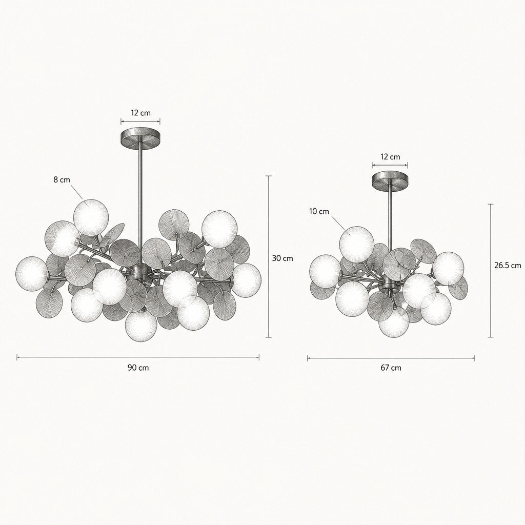 Lustre multi-branches en verre et fer, 10 ou 12 globes, blanc ou coloré