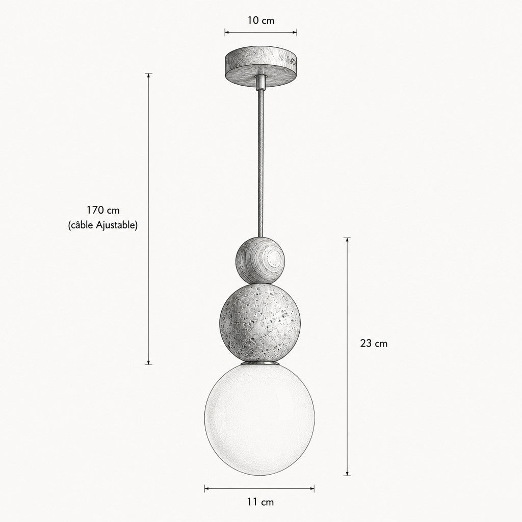 Suspension grappe de boules en travertin, accent bois, LED incluse