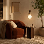 Suspension grappe de boules en travertin, accent bois, LED incluse