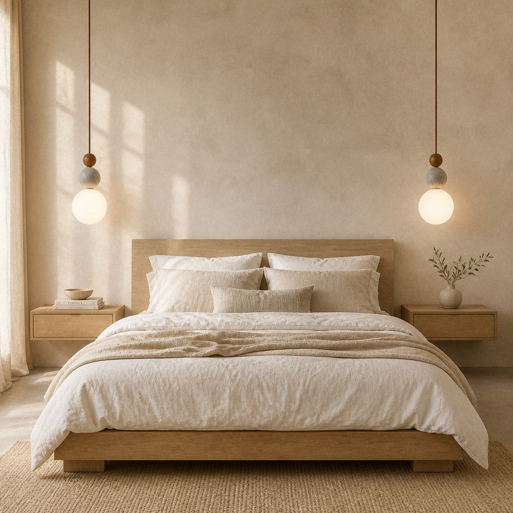 Suspension grappe de boules en travertin, accent bois, LED incluse