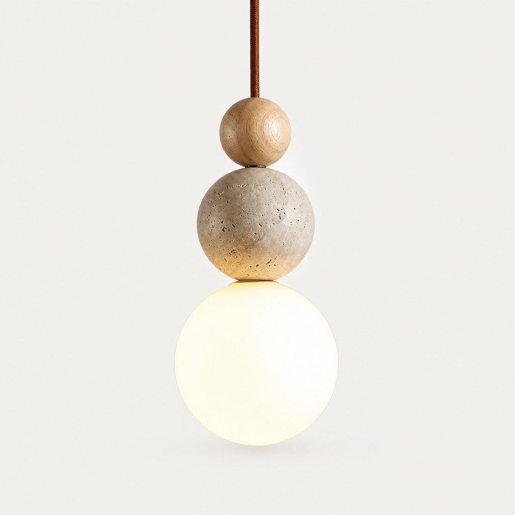Suspension grappe de boules en travertin, accent bois, LED incluse