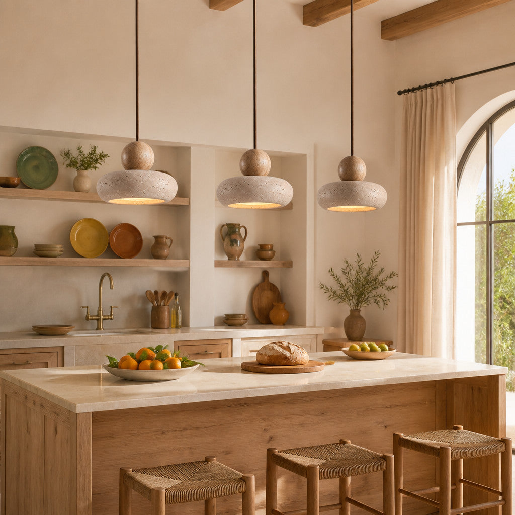 Suspension en travertin et bois, style vintage, LED G9 incluse