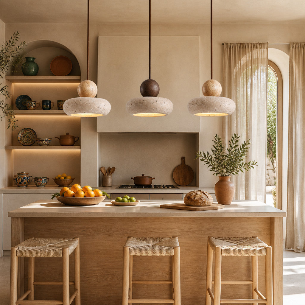 Suspension en travertin et bois, style vintage, LED G9 incluse