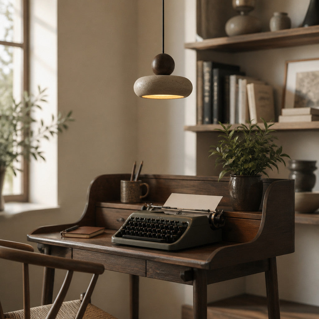 Suspension en travertin et bois, style vintage, LED G9 incluse