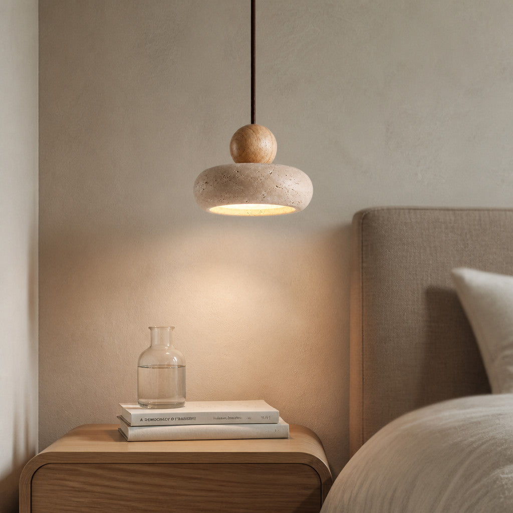 Suspension en travertin et bois, style vintage, LED G9 incluse