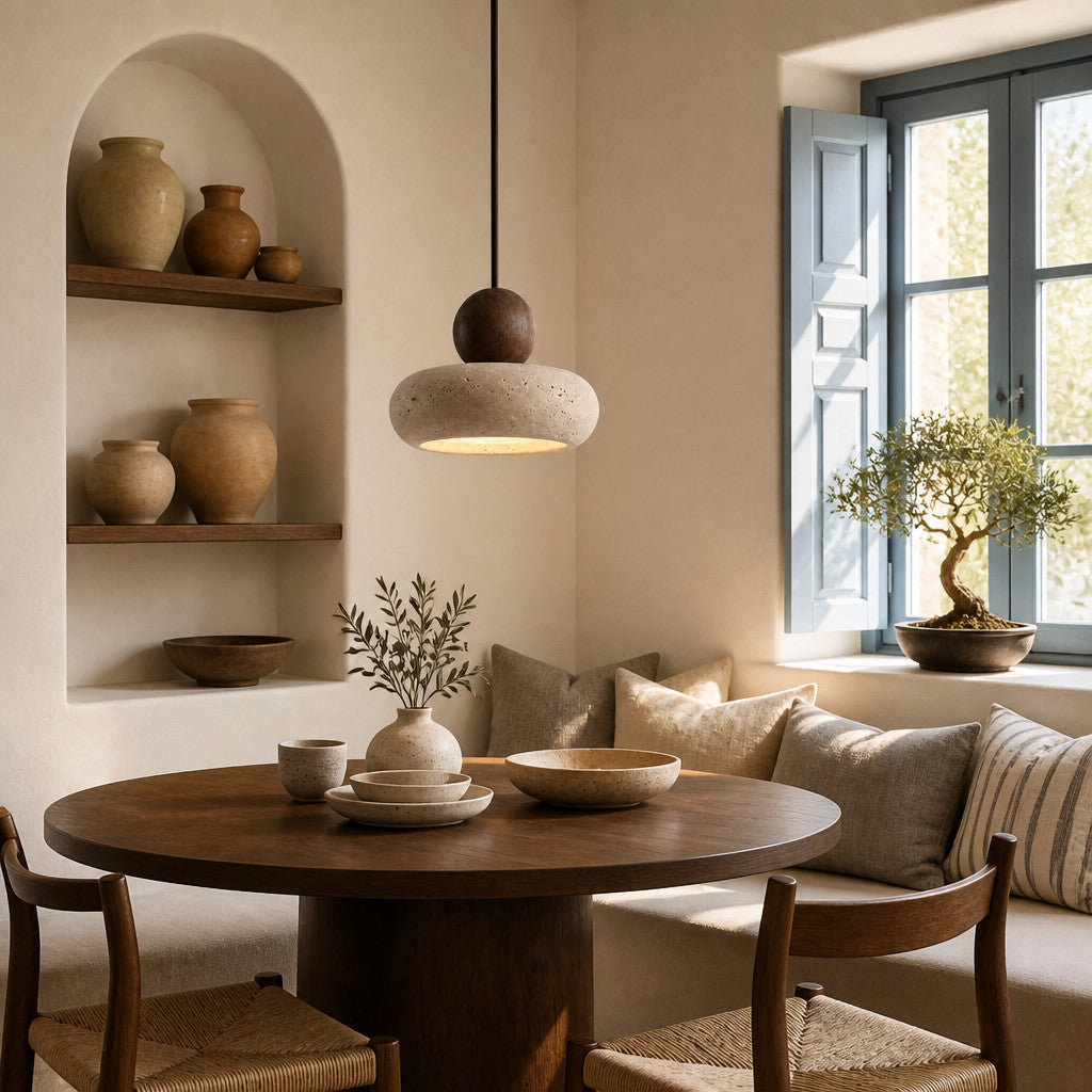 Suspension en travertin et bois, style vintage, LED G9 incluse