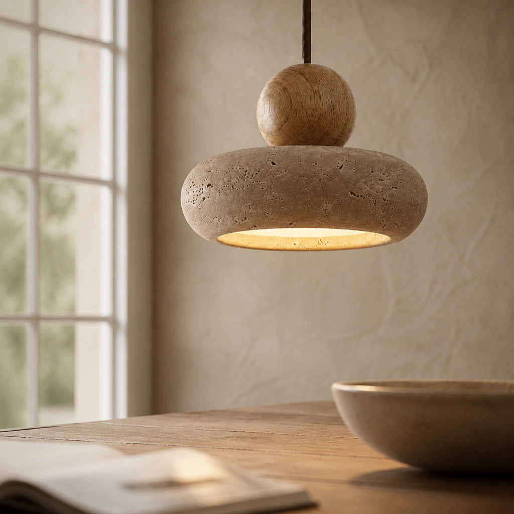 Suspension en travertin et bois, style vintage, LED G9 incluse