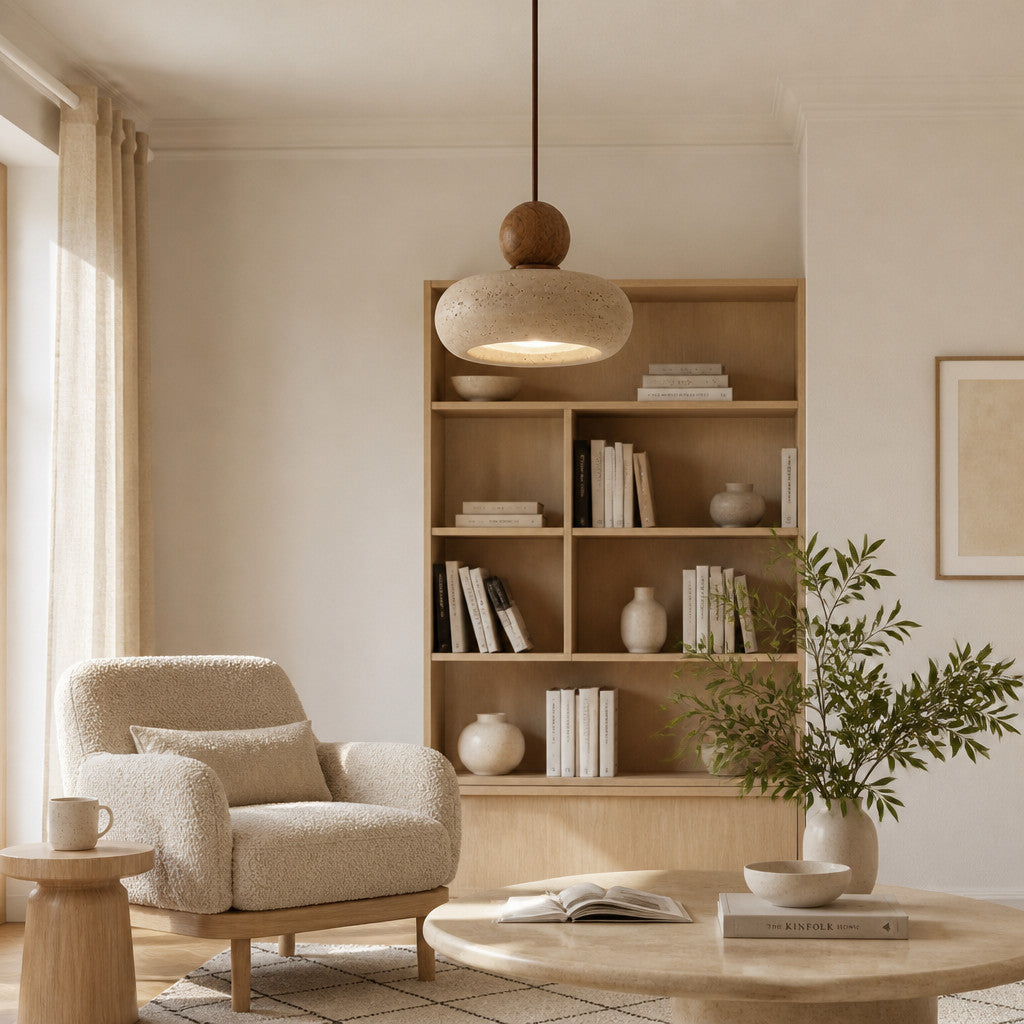 Suspension en travertin et bois, style vintage, LED G9 incluse