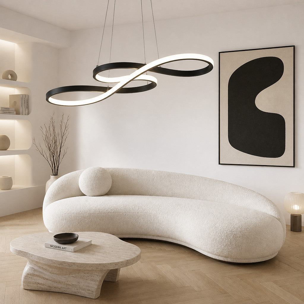 Suspension LED ruban infini, aluminium noir, variable avec télécommande
