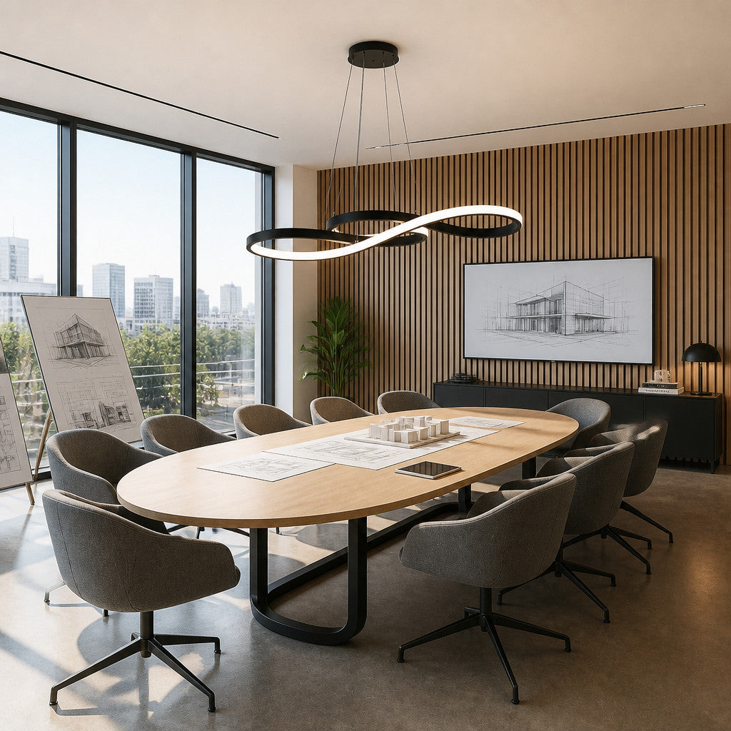Suspension LED ruban infini, aluminium noir, variable avec télécommande