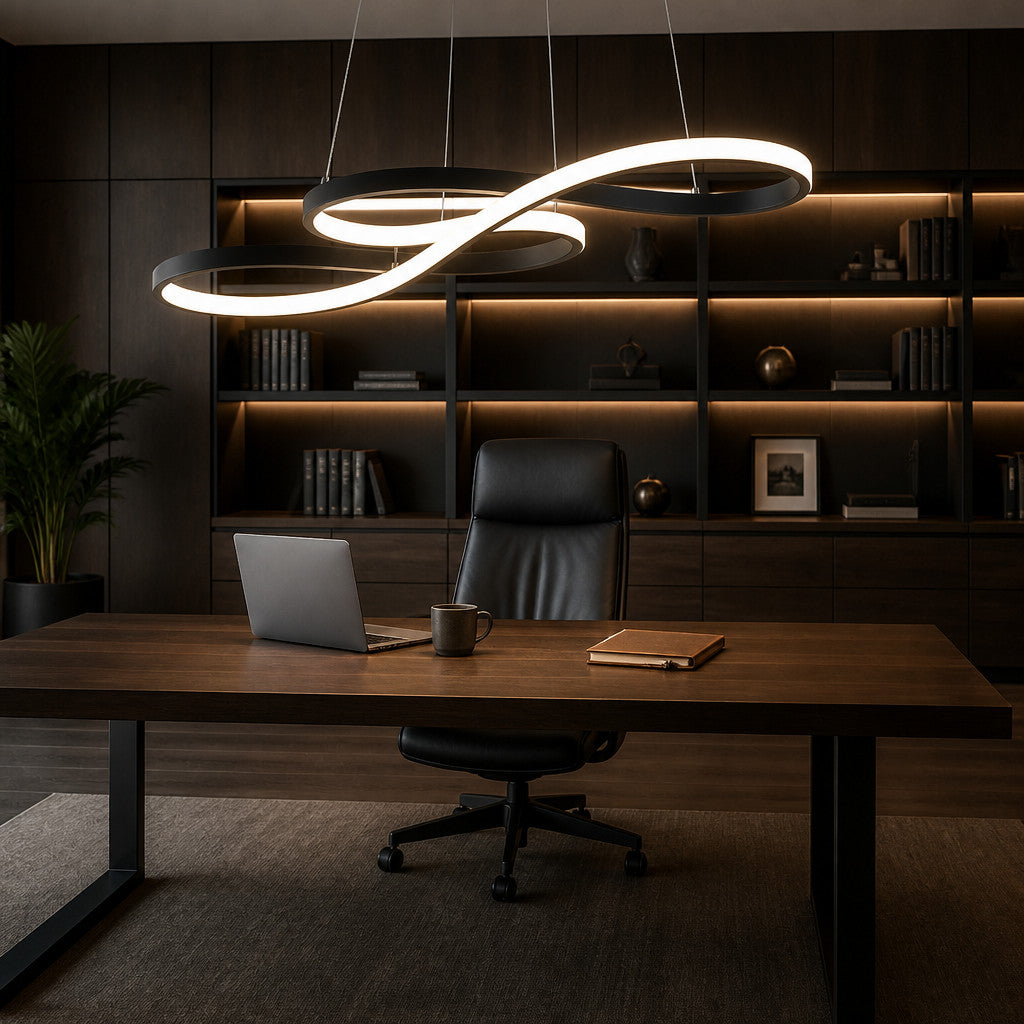 Suspension LED ruban infini, aluminium noir, variable avec télécommande