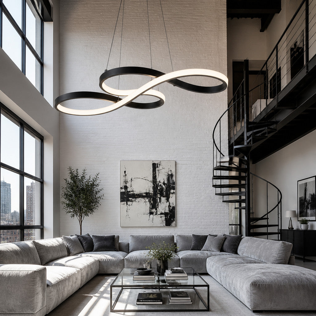 Suspension LED ruban infini, aluminium noir, variable avec télécommande