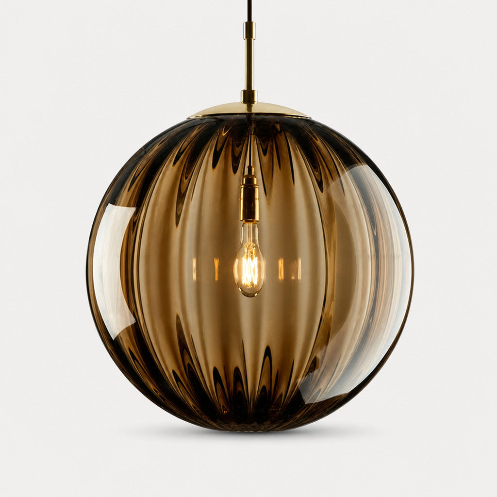 Suspension boule en verre soufflé strié, 4 coloris, culot E14