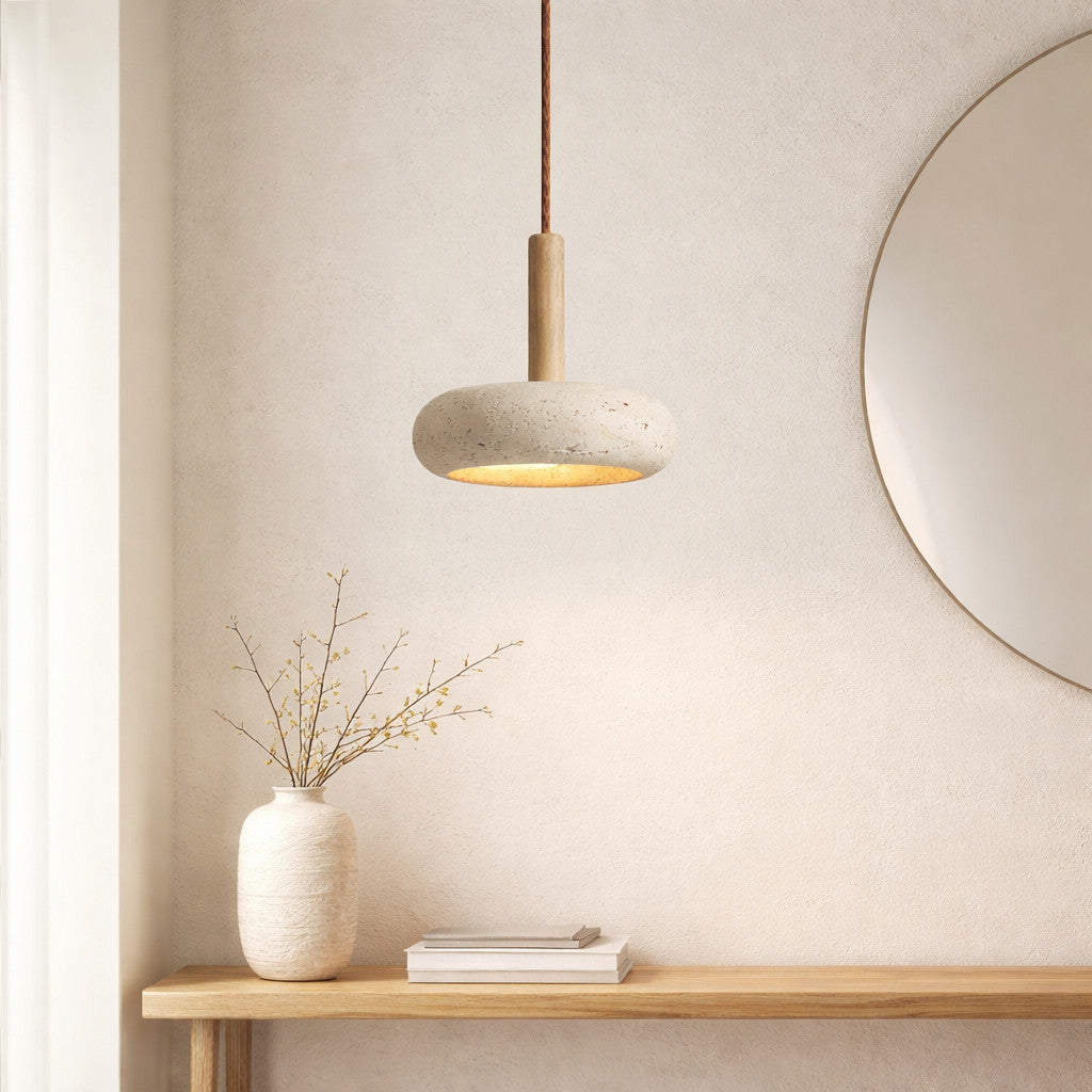 Suspension LED en travertin, verre et bois, Ø 15 cm, 3 000 à 6 000 K