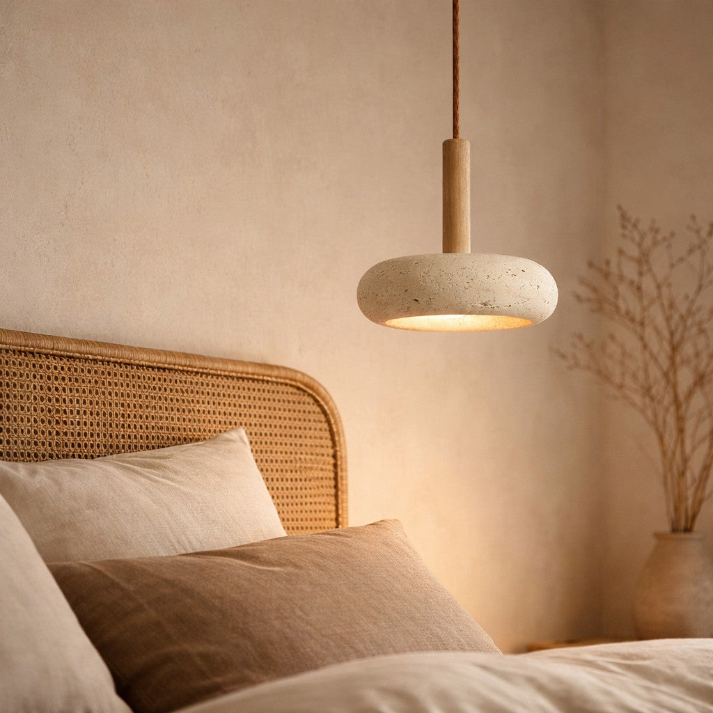 Suspension LED en travertin, verre et bois, Ø 15 cm, 3 000 à 6 000 K