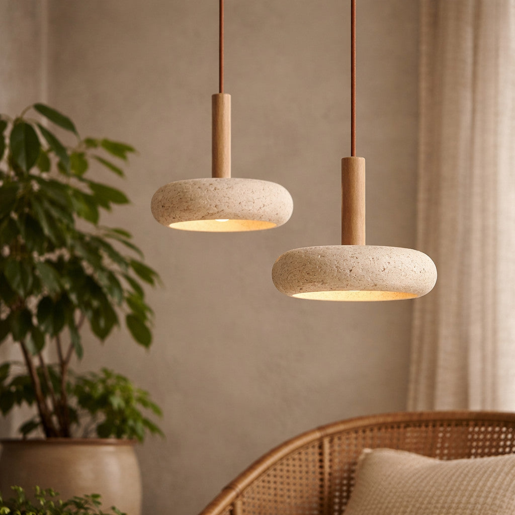 Suspension LED en travertin, verre et bois, Ø 15 cm, 3 000 à 6 000 K
