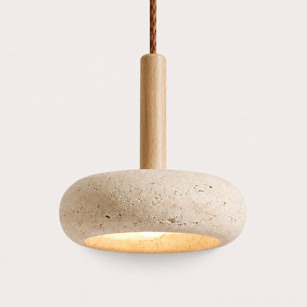 Suspension LED en travertin, verre et bois, Ø 15 cm, 3 000 à 6 000 K