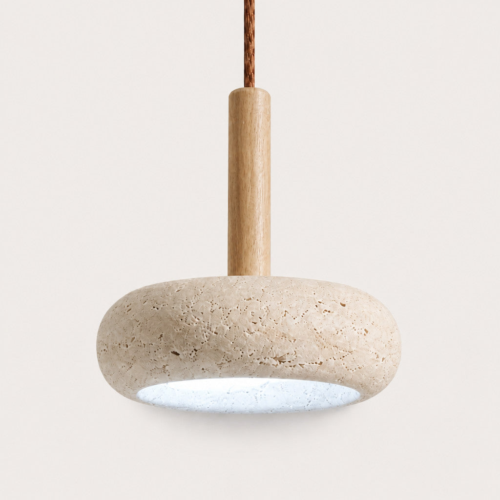 Suspension LED en travertin, verre et bois, Ø 15 cm, 3 000 à 6 000 K