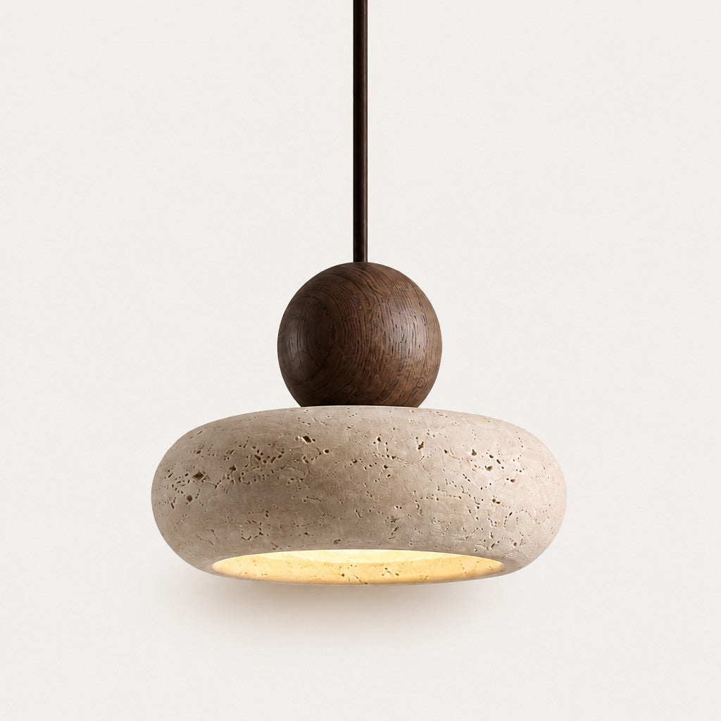 Suspension en travertin et bois, style vintage, LED G9 incluse