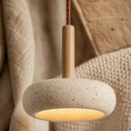 Suspension LED en travertin, verre et bois, Ø 15 cm, 3 000 à 6 000 K