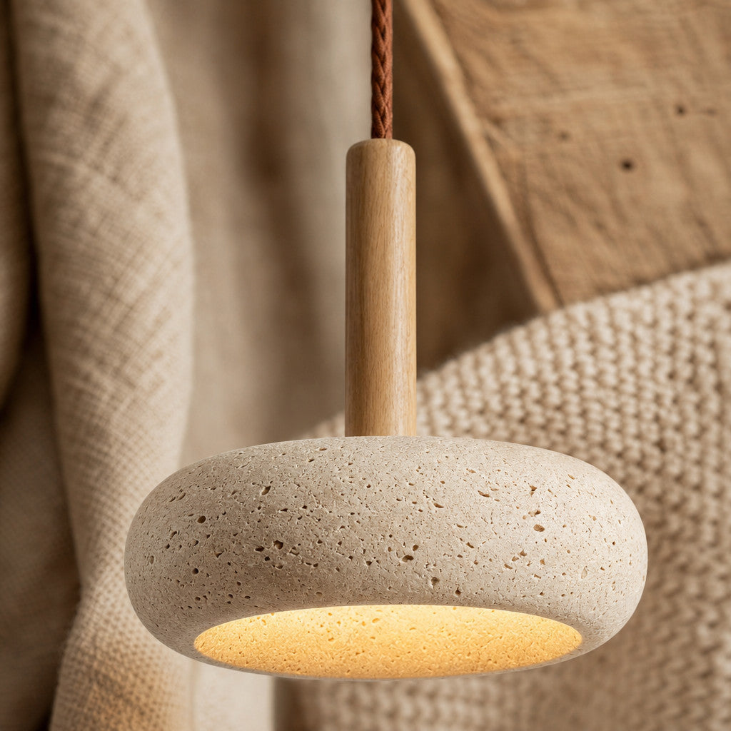 Suspension LED en travertin, verre et bois, Ø 15 cm, 3 000 à 6 000 K